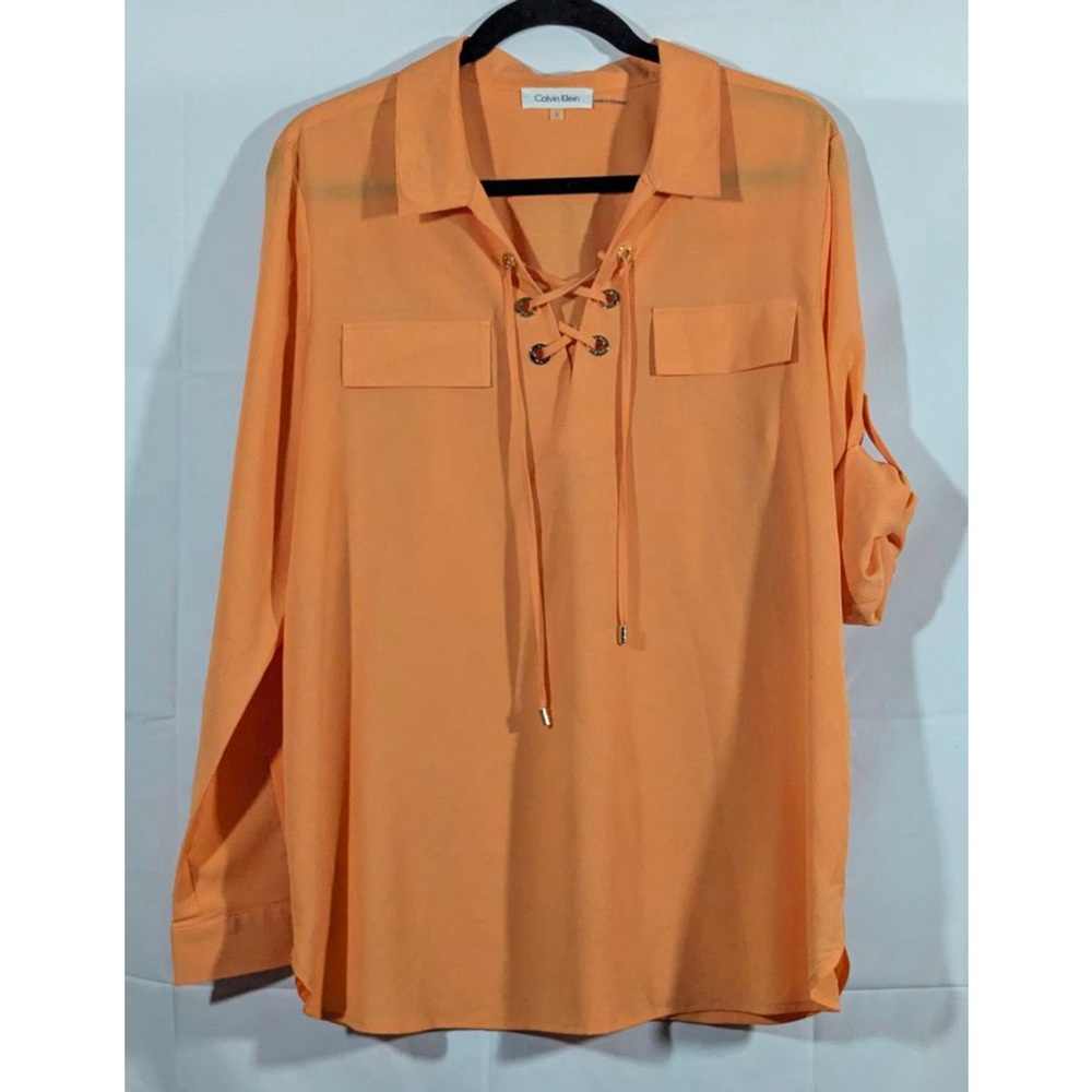 Calvin Klein Orange Lace Up Long Sleeve Blouse Size Large